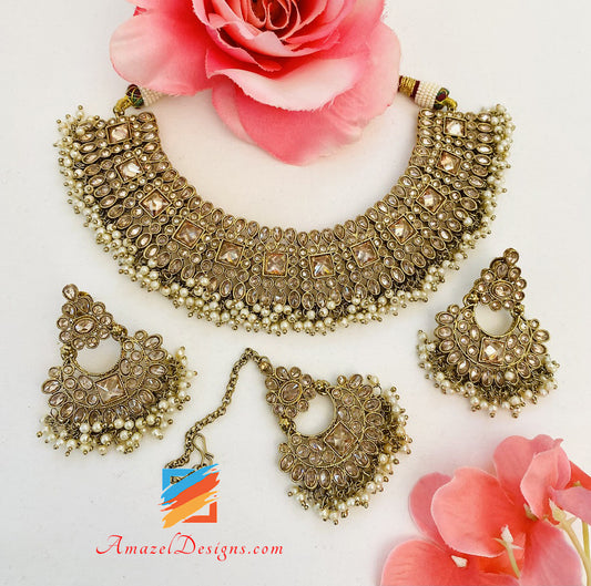 Polki Champagne Monalisa Necklace Earrings Tikka Set