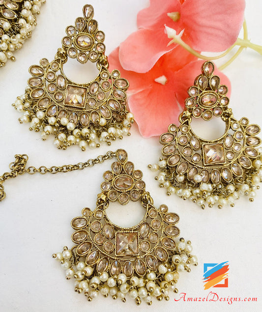 Polki Champagne Monalisa Necklace Earrings Tikka Set