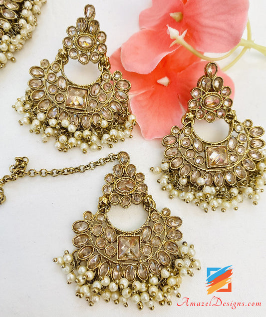 Polki Champagne Monalisa Necklace Earrings Tikka Set