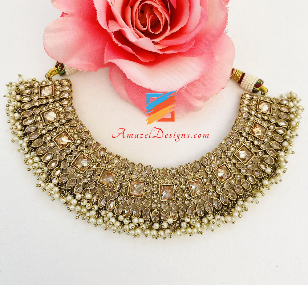 Polki Champagne Monalisa Necklace Earrings Tikka Set