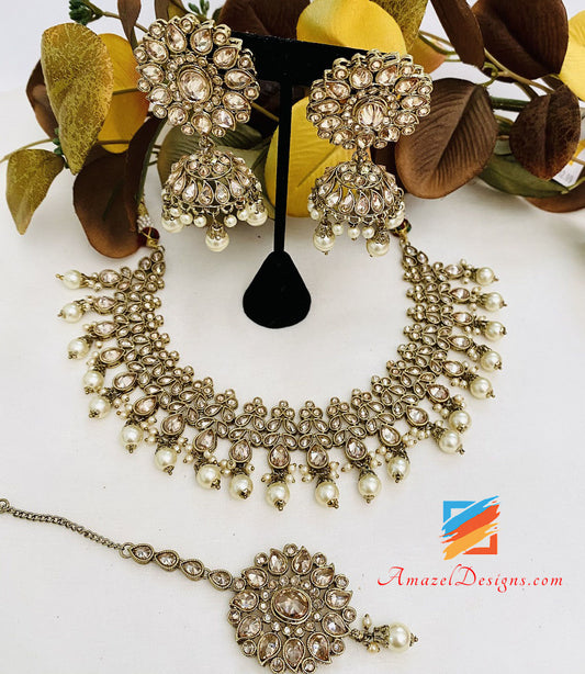 Polki Champagne Necklace Earnings With Jhumki Tikka Set