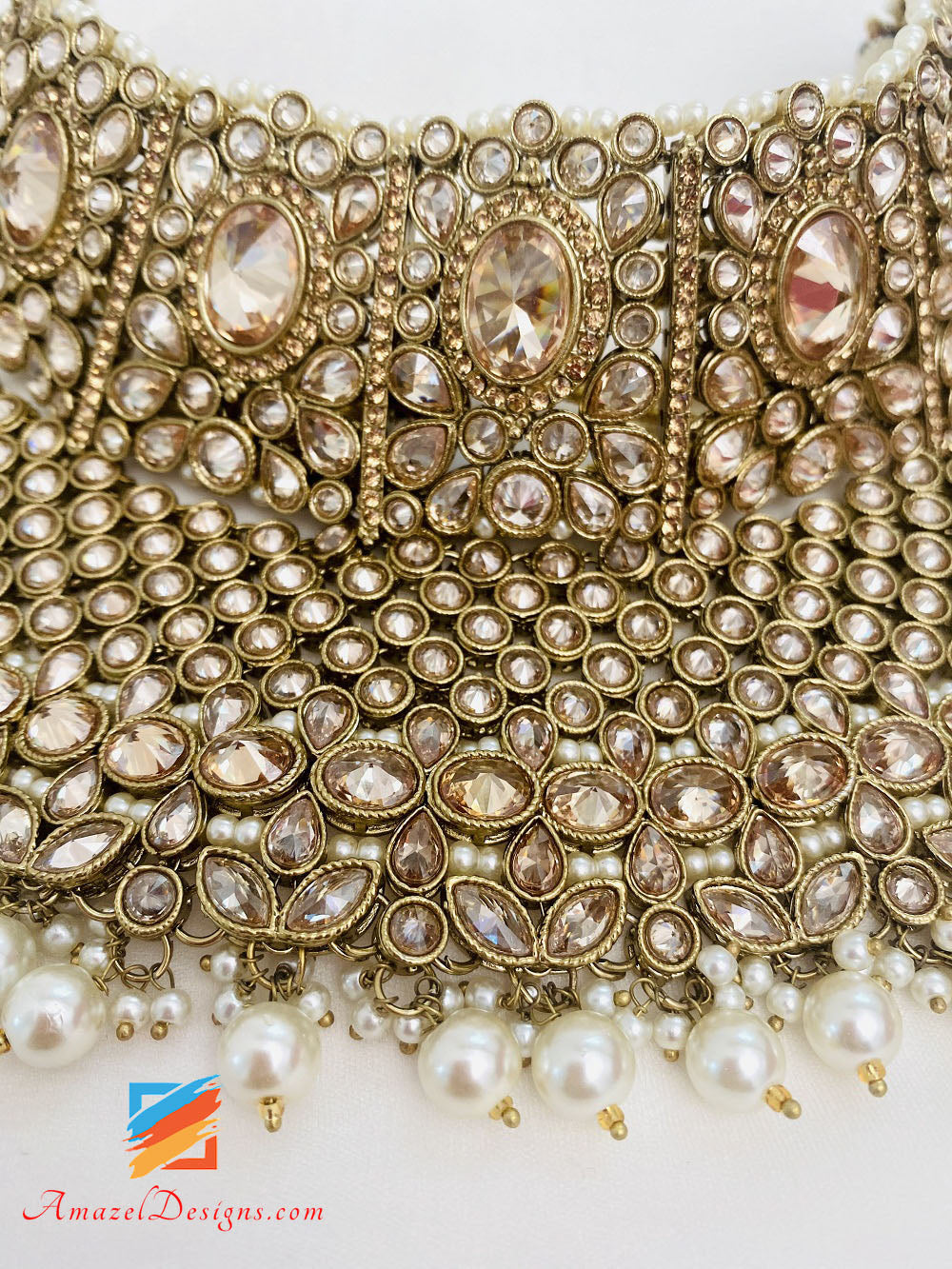 Bridal Polki Champagne Necklace Earrings Tikka Passa And Nath Set