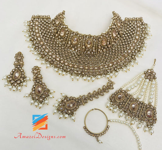 Bridal Polki Champagne Necklace Earrings Tikka Passa And Nath Set