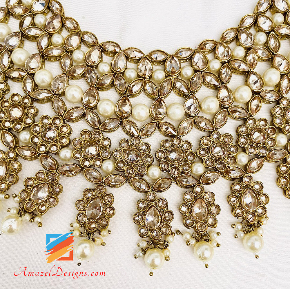 Polki Champagne Necklace Earrings Tikka Set