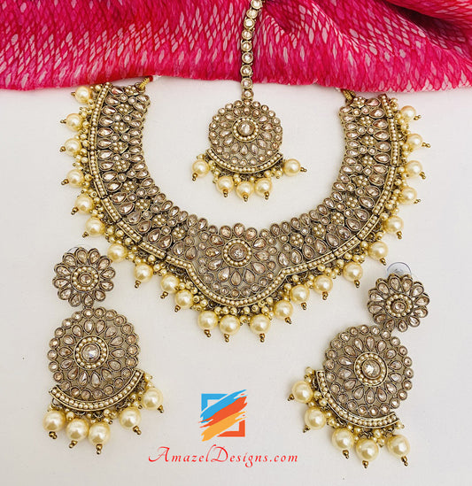 Polki Champagne Necklace Earrings Tikka Set