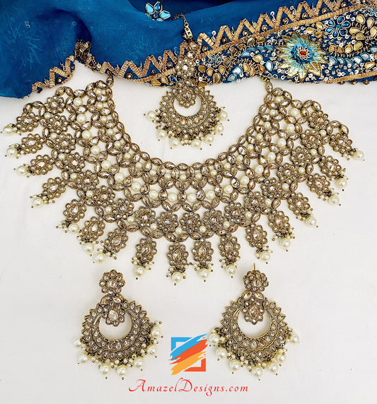 Polki Champagne Necklace Earrings Tikka Set