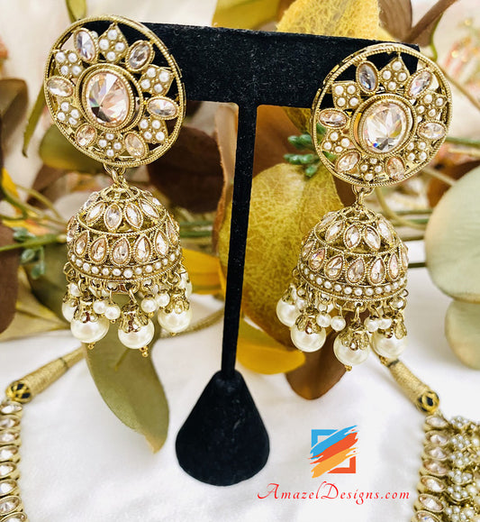 Polki Champagne Necklace Jhumki Earrings Tikka Set