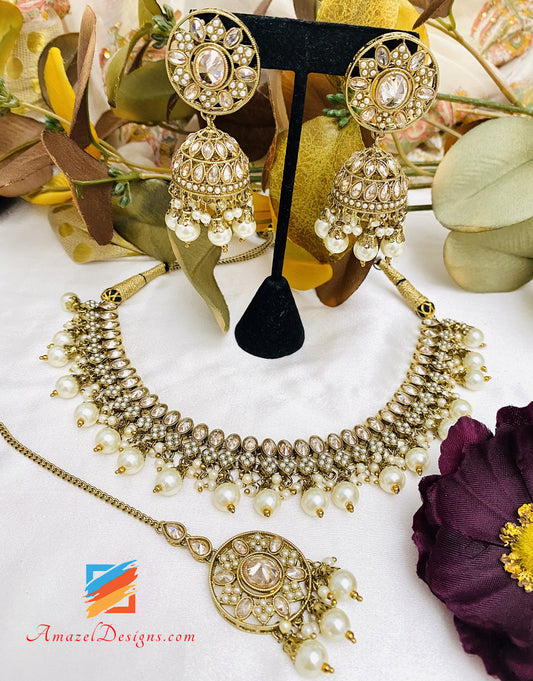 Collana Polki Champagne Orecchini Jhumki Set Tikka 