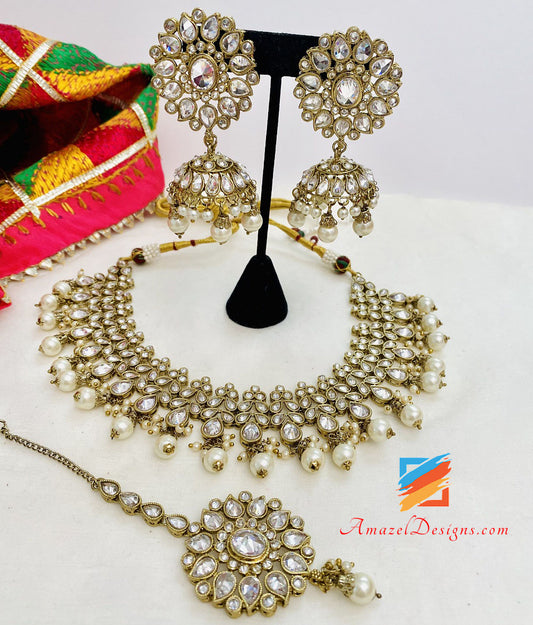 Polki Clear Stone Necklace Earrings With Jhumki Tikka Set