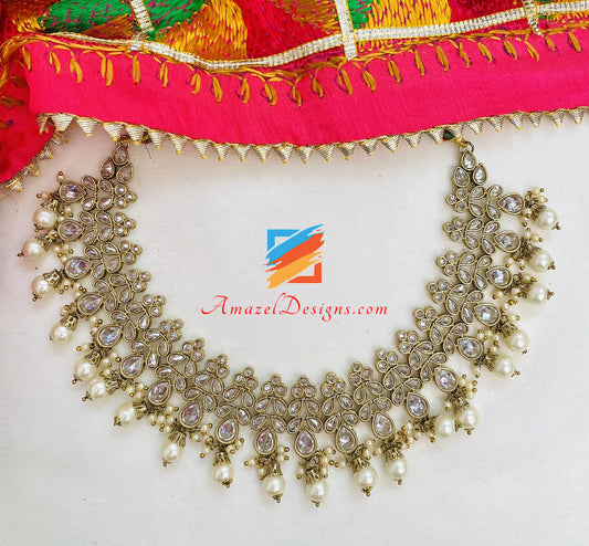 Polki Clear Stone Necklace Earrings With Jhumki Tikka Set