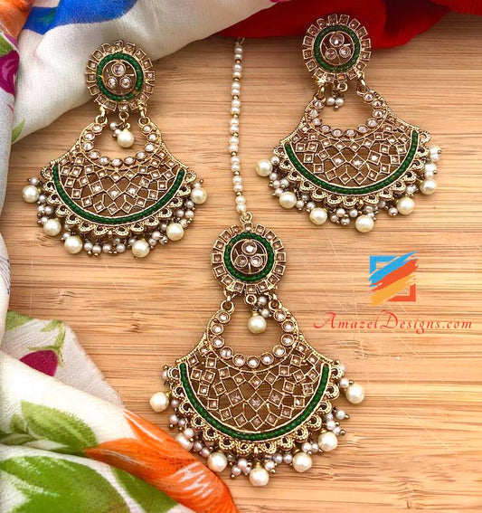 Polki Earrings Tikka Set with Green Beads and White Pearls