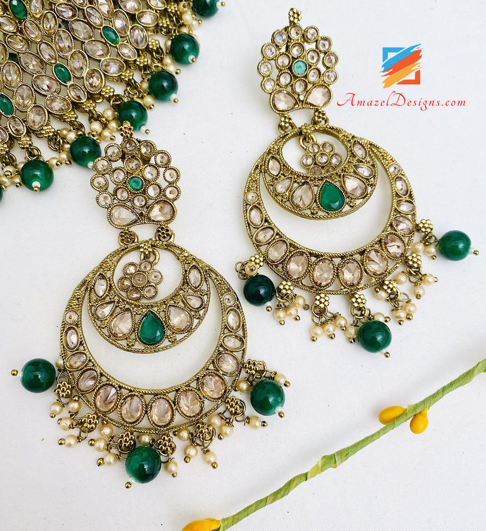 Polki Emerald Green Choker Necklace Earrings Tikka Set