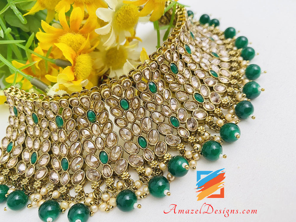 Polki Emerald Green Choker Necklace Earrings Tikka Set