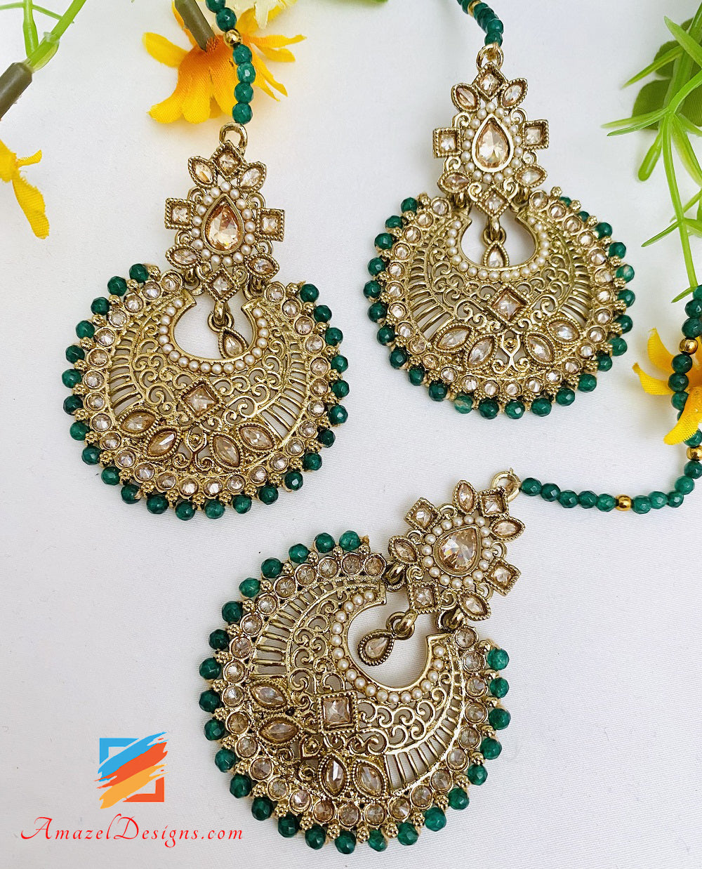 Polki Emerald Green  Earrings Tikka Set Saharas