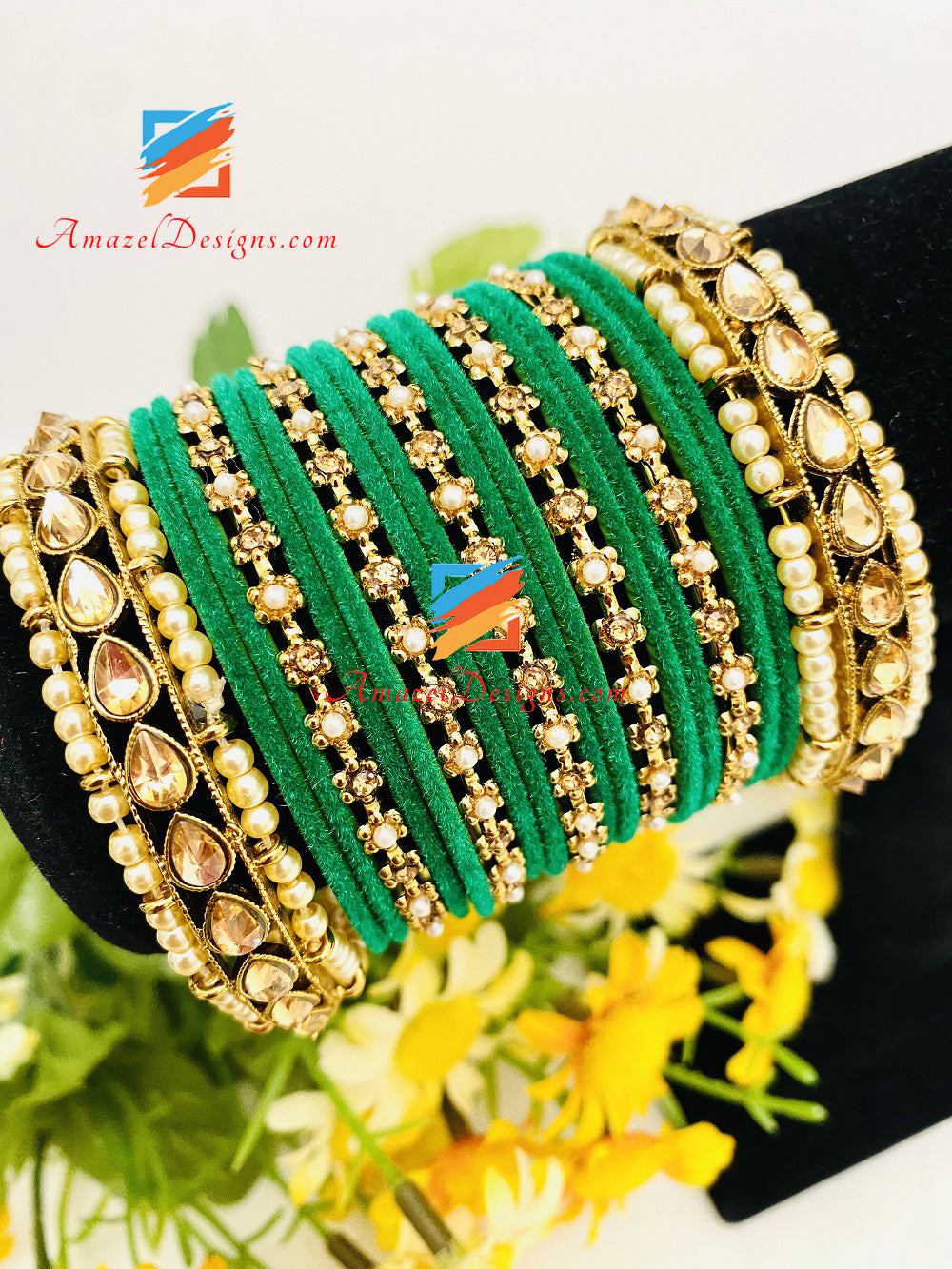 Polki Flower Beads Green Emerald Bangles Set
