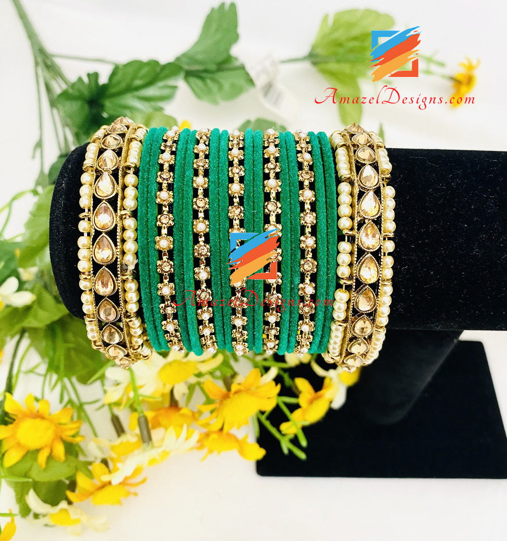 Polki Flower Beads Green Emerald Bangles Set