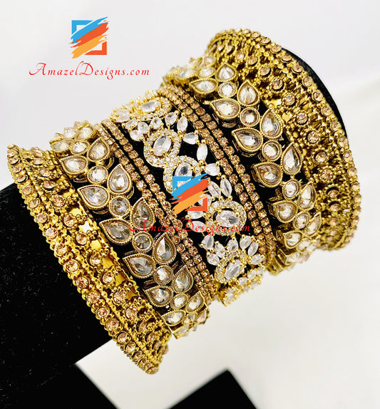 Polki Golden American Diamond AD Kada Bangles Set