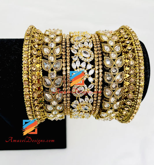 Polki Golden American Diamond AD Kada Bangles Set