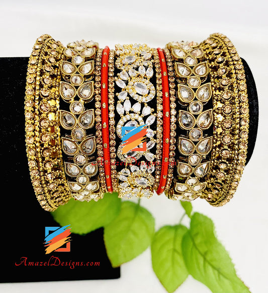 Polki Golden American Diamond AD Kada Touch Of Red Bangles