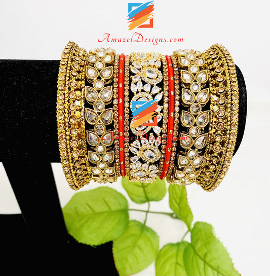 Polki Golden American Diamond AD Kada Touch Of Red Bangles