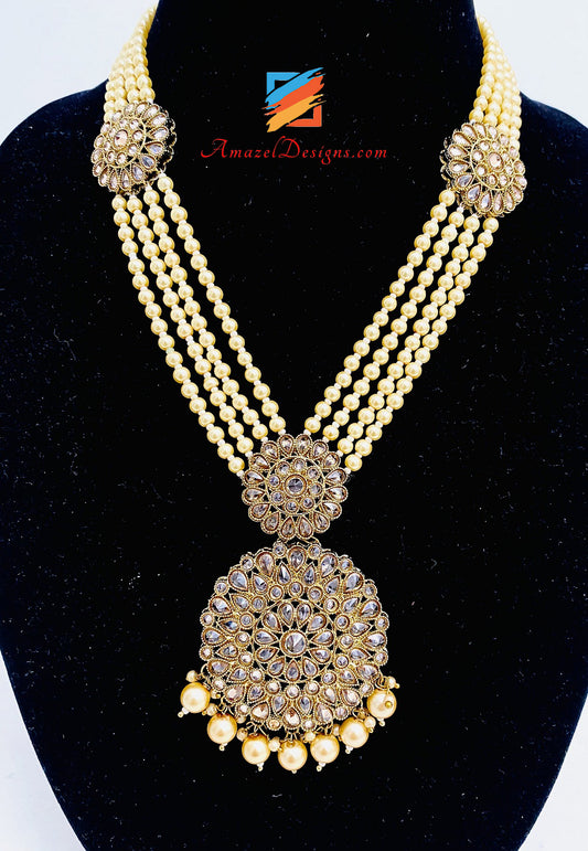 Polki Golden Long Mala Rani Haar Earrings Tikka Set