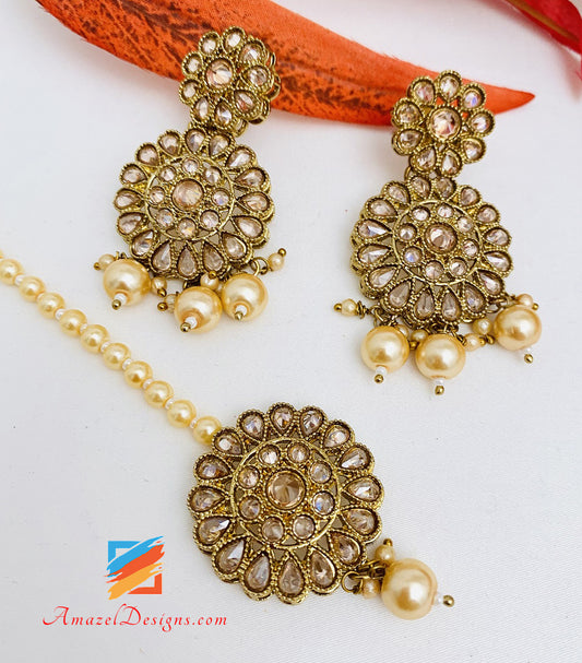 Polki Golden Long Mala Rani Haar Earrings Tikka Set