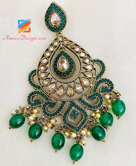 Polki Green Beads Earrings Tikka Set