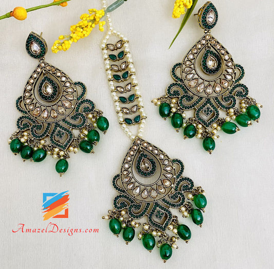 Polki Green Beads Earrings Tikka Set