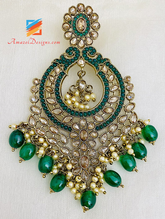 Polki Green Beads Oversized Earrings And Tikka Set