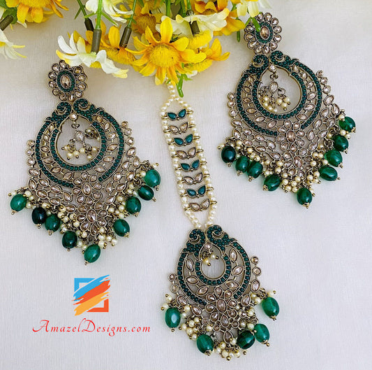 Polki Green Beads Oversized Earrings And Tikka Set