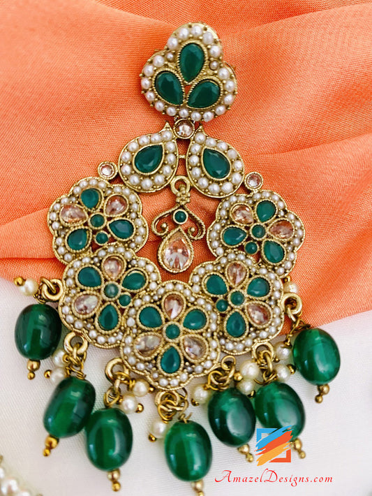 Polki Green Emerald Earrings Tikka Set