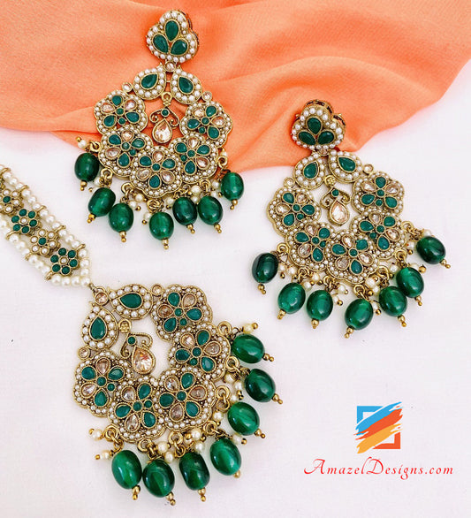 Polki Green Emerald Earrings Tikka Set