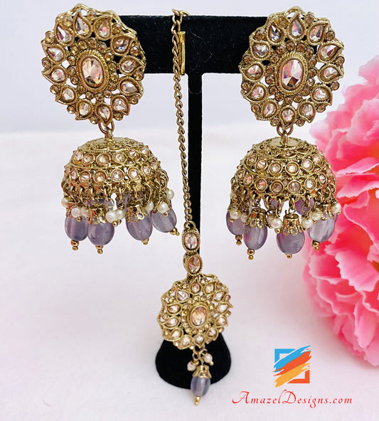 Collana Polki Grey Orecchini Jhumki Set Tikka 