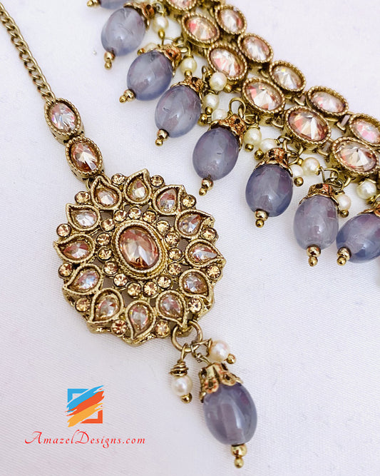 Polki Grey Necklace Jhumki Earrings Tikka Set
