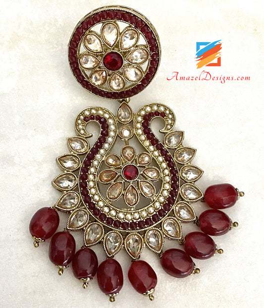 Polki High Quality Maroon Earrings Tikka Set