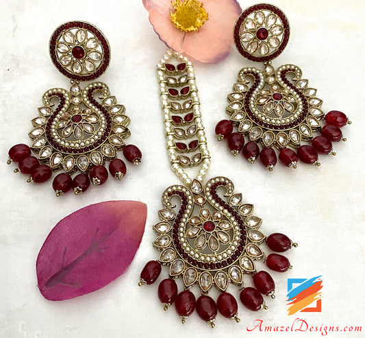 Polki High Quality Maroon Earrings Tikka Set