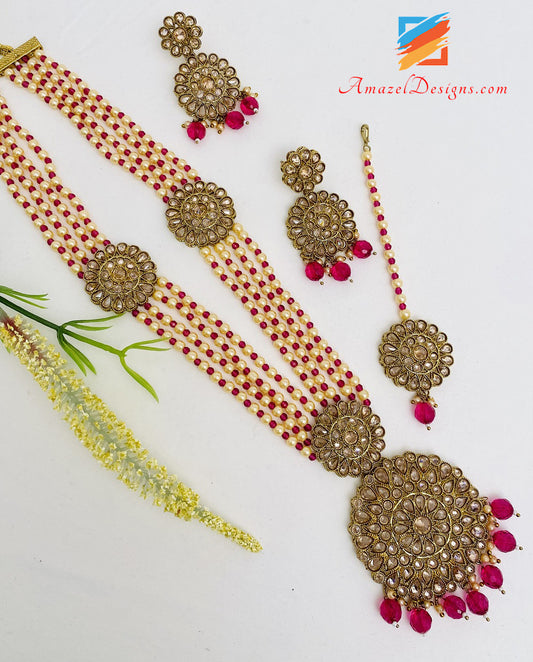 Polki Hot Pink Magenta Lange Mala Rani Haar Ohrringe Tikka Set 