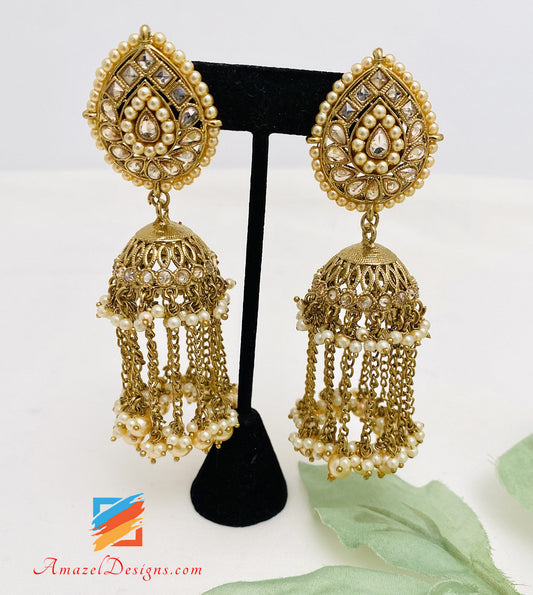 Polki Jhumki Earrings with Hanging Chain Tassels With Beads