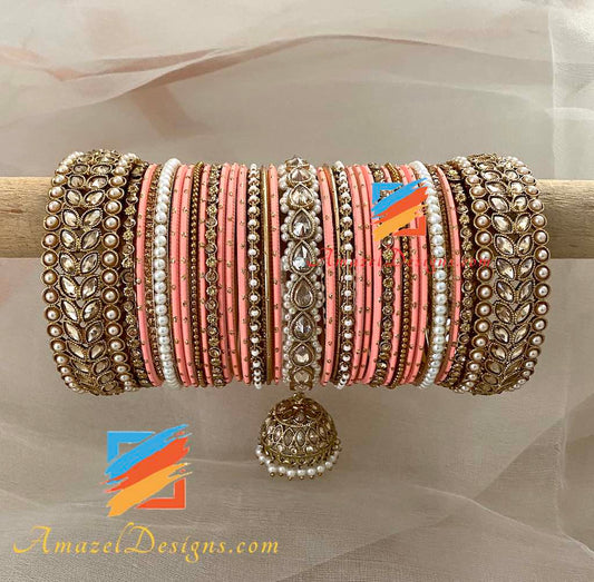 Polki Jhumki Peach Bangle Set