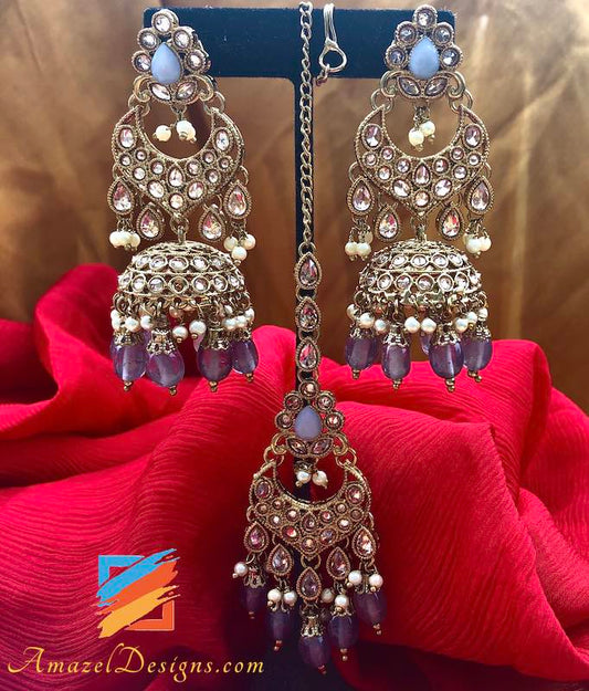 Polki Jhumki with Grey Beads Earrings Tikka Set