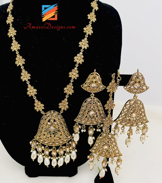 Polki Long Haar Earrings Tikka Set