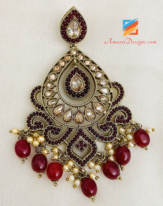 Polki Maroon Earrings Tikka Set