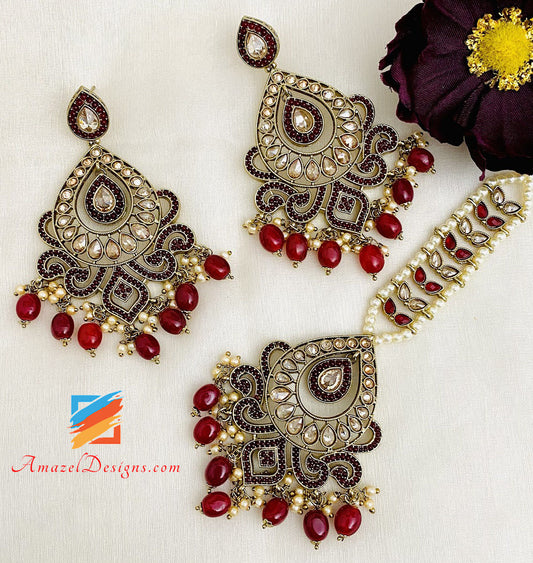 Polki Maroon Earrings Tikka Set