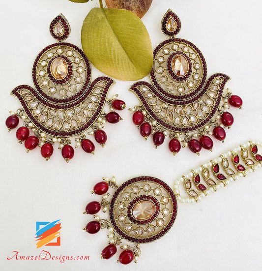 Polki Maroon Oversized Earrings And Tikka Set