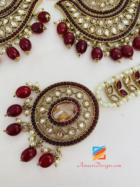 Polki Maroon Oversized Earrings And Tikka Set