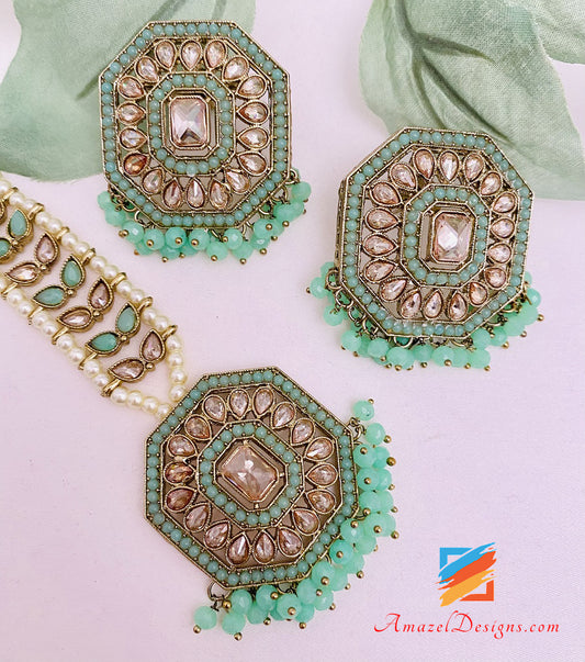 Polki Mint Lightweight Studs Earrings Tikka Set