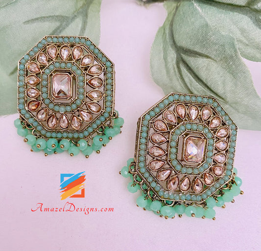 Polki Mint Lightweight Studs Earrings Tikka Set