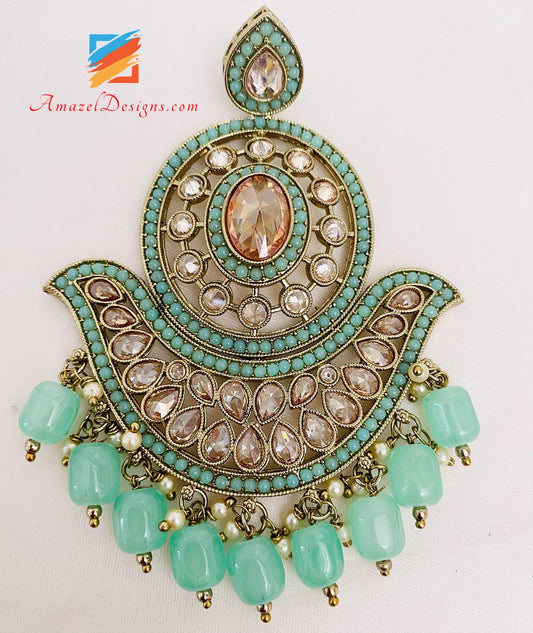 Polki Mint Oversized Earrings Tikka Set