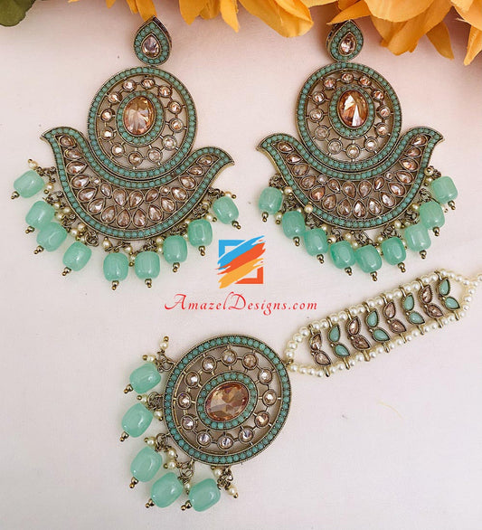 Polki Mint Oversized Earrings Tikka Set