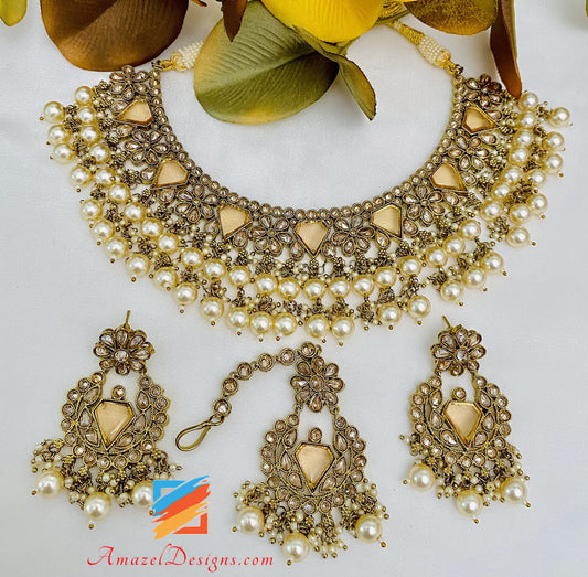 Polki Monalisa Golden Necklace Earrings Tikka Set